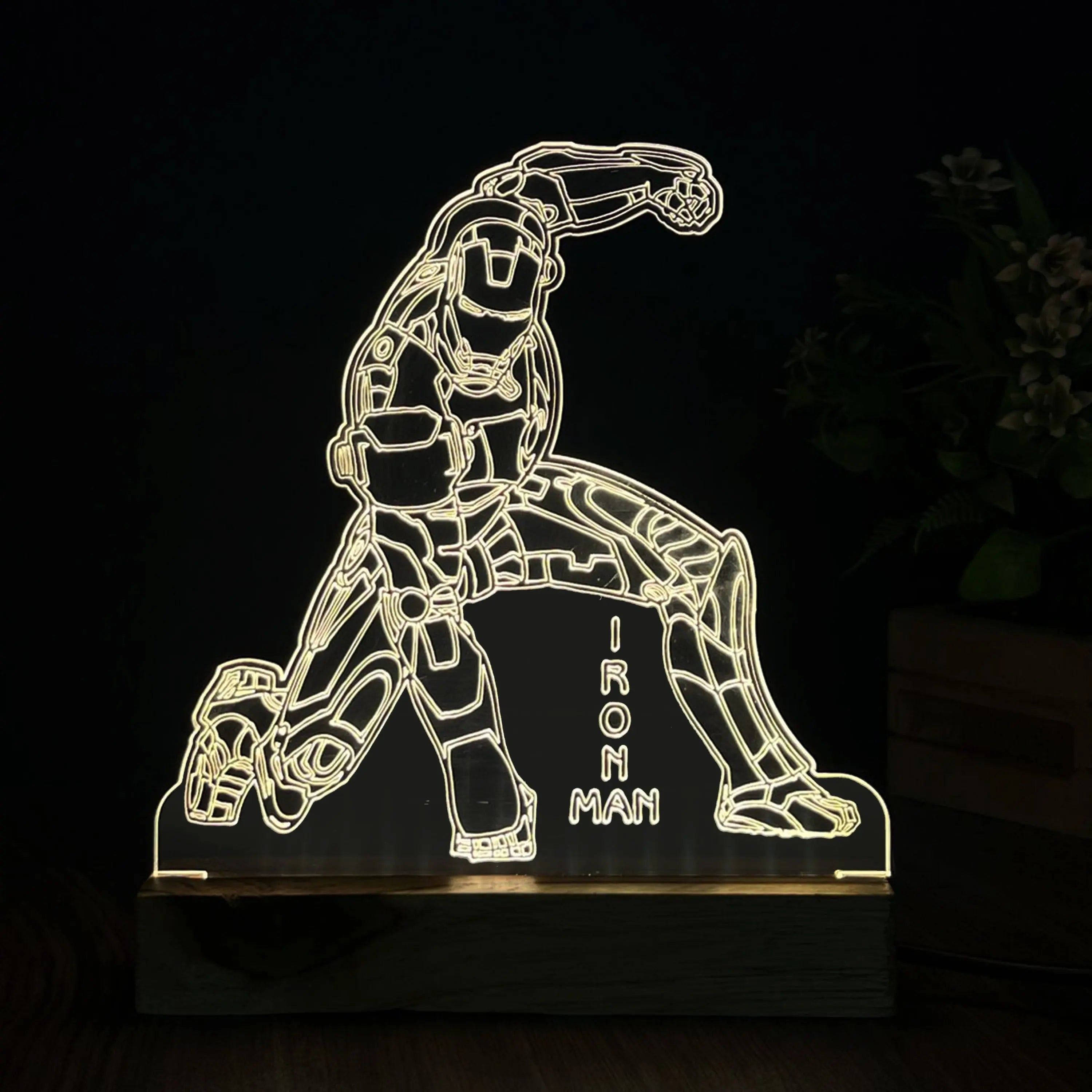 3D Illusion Iron Man Night Lamp – Acrylic LED Light with Wooden Base - Harshita Craft