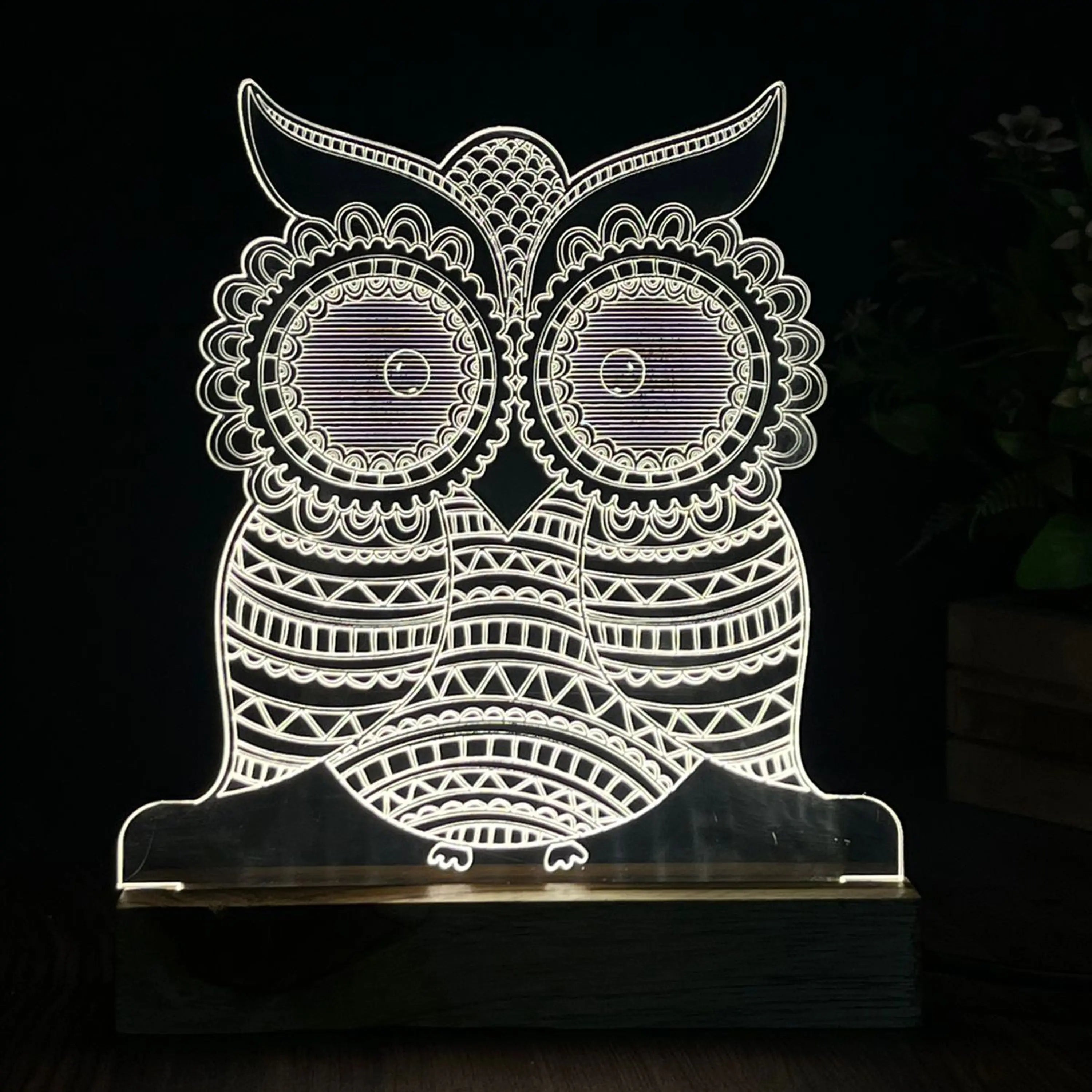 3D Illusion Owl Night Lamp – Acrylic LED Light with Wooden Base - Harshita Craft