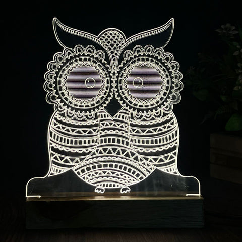 3D Illusion Owl Night Lamp – Acrylic LED Light with Wooden Base