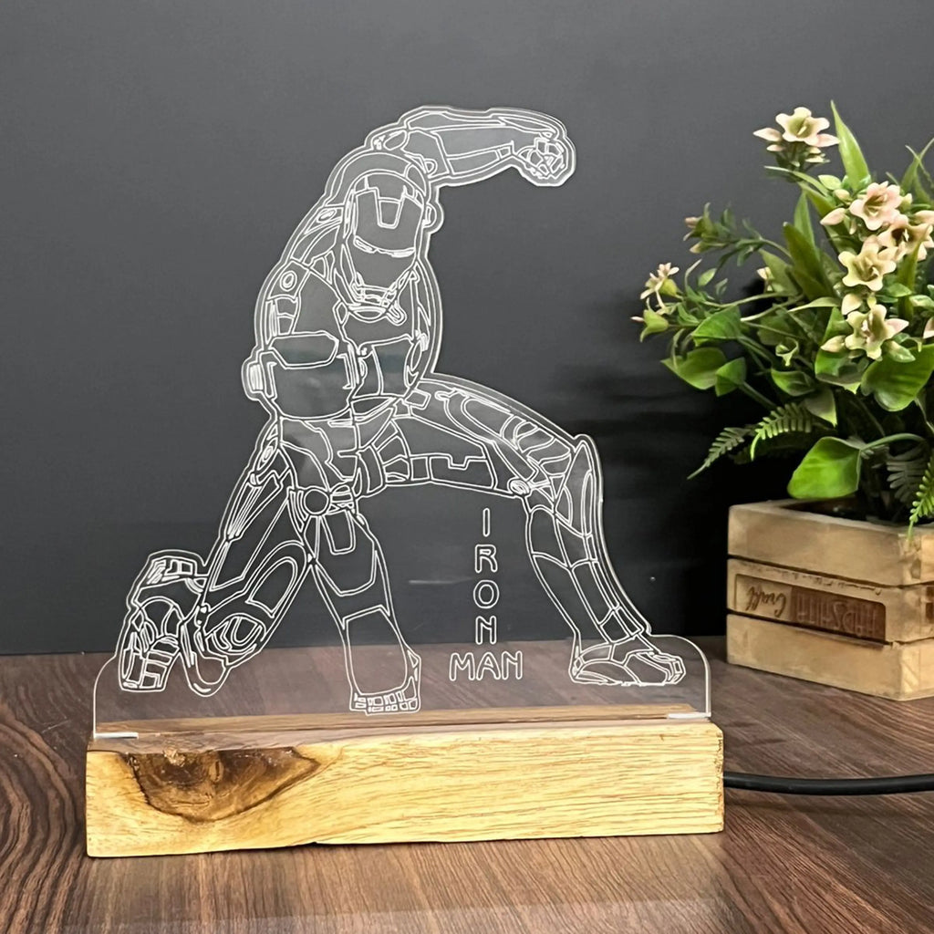 3D Illusion Iron Man Night Lamp – Acrylic LED Light with Wooden Base - Harshita Craft