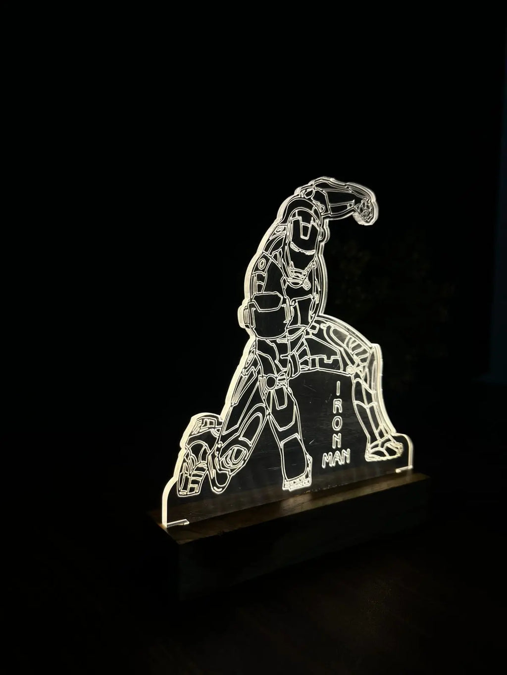 3D Illusion Iron Man Night Lamp – Acrylic LED Light with Wooden Base - Harshita Craft