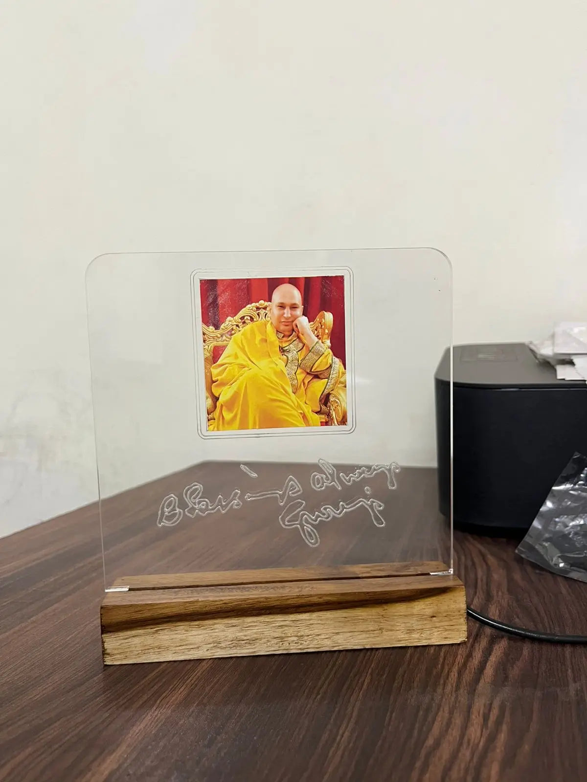 Guru JI Acrylic Photo Frame with Wooden LED Base – Personalized Gift Decor - Harshita Craft