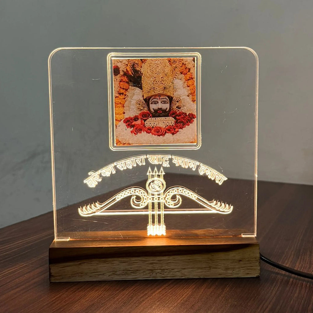 LED Acrylic Table Lamp with Shri Khatu Shyam Ji Design - Wooden Base for Divine Home Decor - Harshita Craft