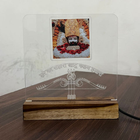 LED Acrylic Table Lamp with Shri Khatu Shyam Ji Design - Wooden Base for Divine Home Decor