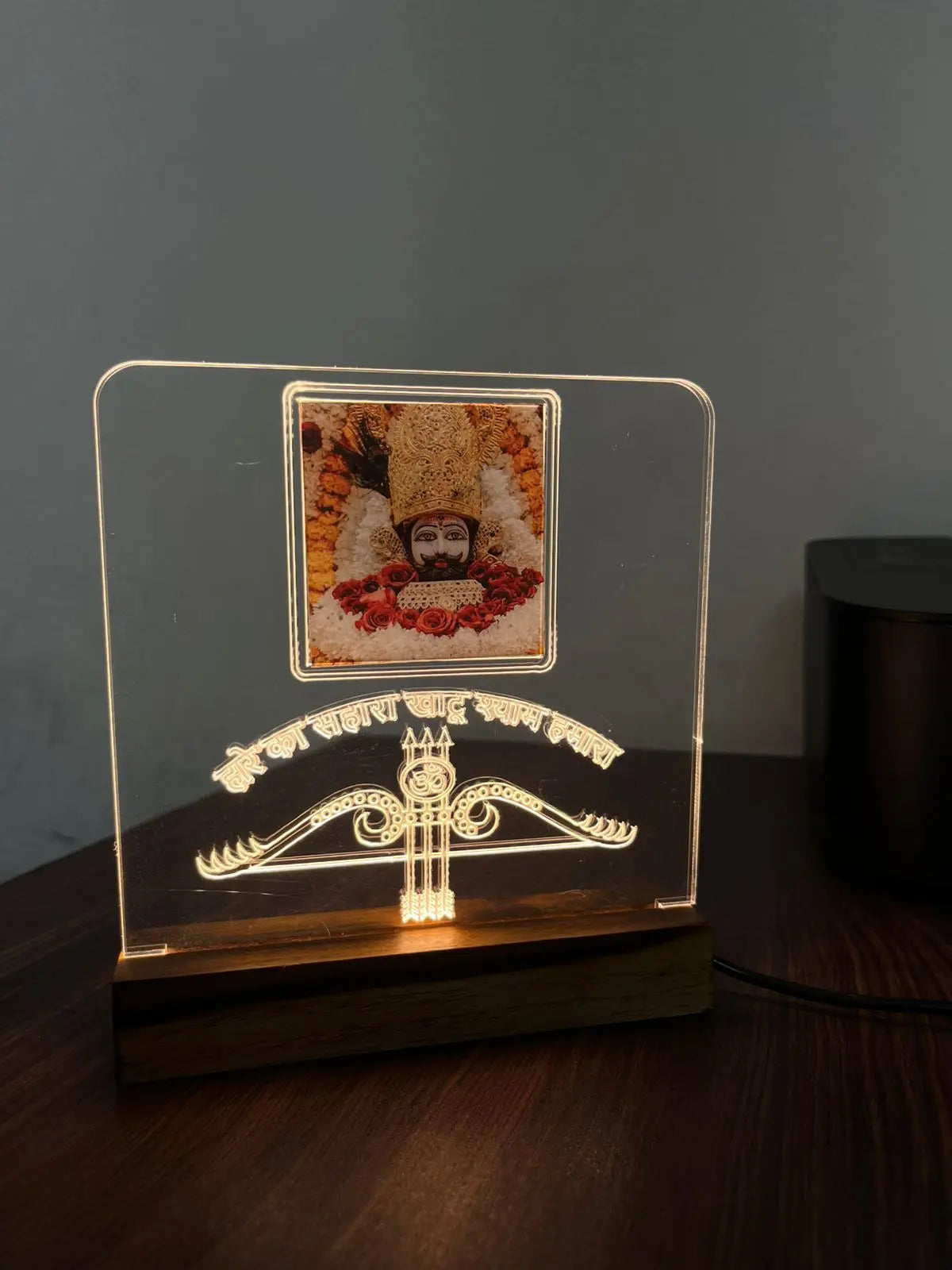 LED Acrylic Table Lamp with Shri Khatu Shyam Ji Design - Wooden Base for Divine Home Decor - Harshita Craft