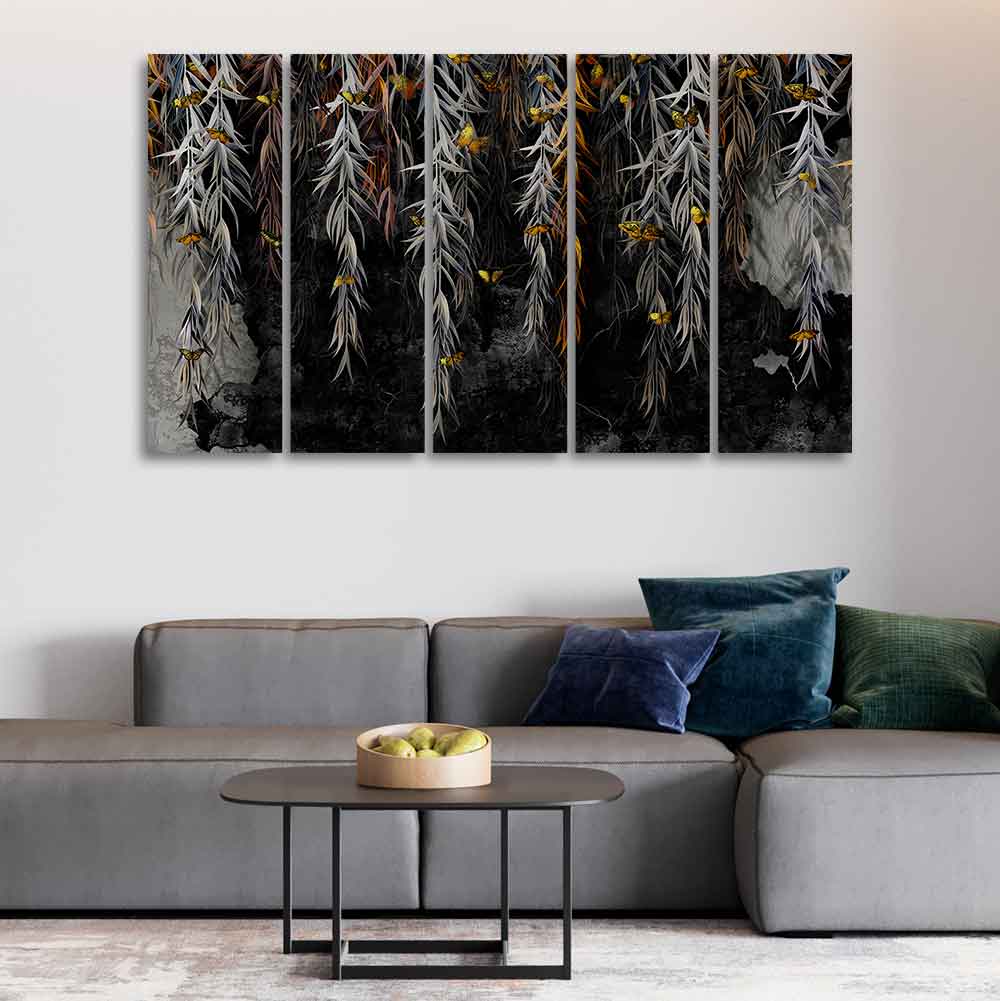 Willow Branches with Gold Butterflies Wall Painting of Five Pieces DECORMANTRA