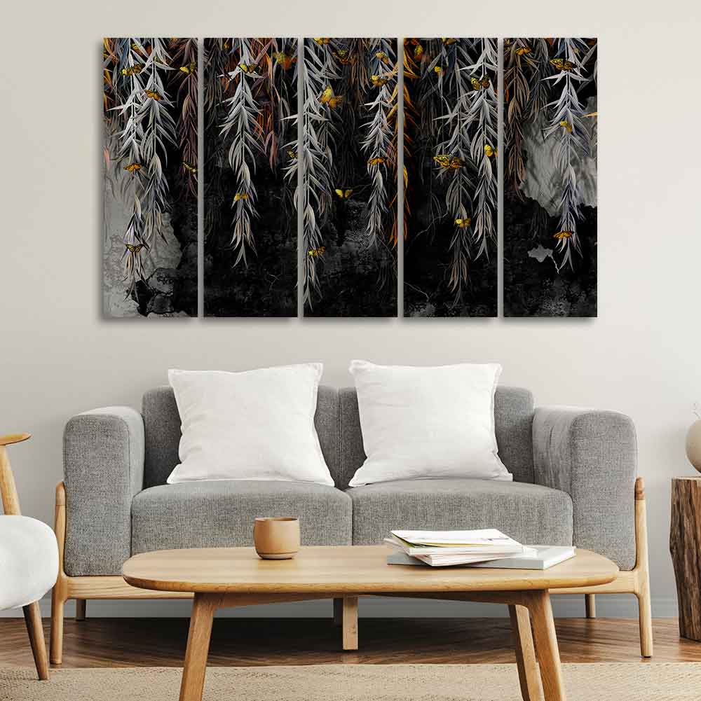 Willow Branches with Gold Butterflies Wall Painting of Five Pieces DECORMANTRA