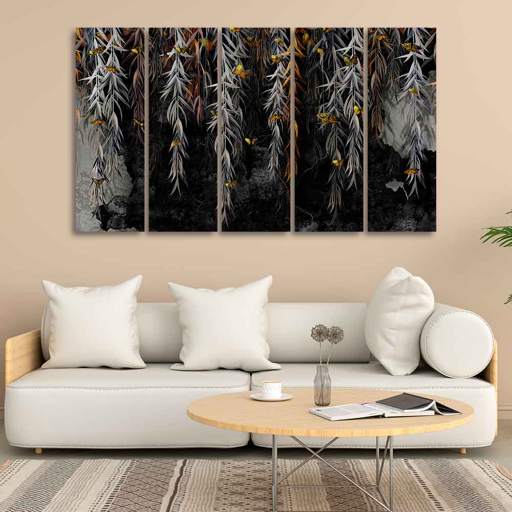 Willow Branches with Gold Butterflies Wall Painting of Five Pieces DECORMANTRA