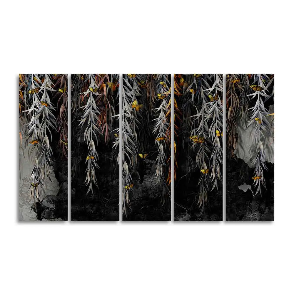 Willow Branches with Gold Butterflies Wall Painting of Five Pieces DECORMANTRA