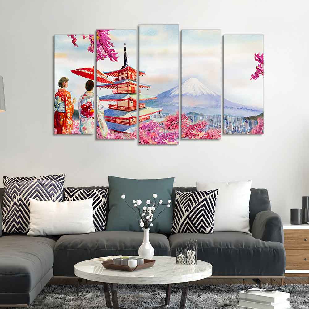Women in Kimono Canvas Wall Painting Set of Five DECORMANTRA