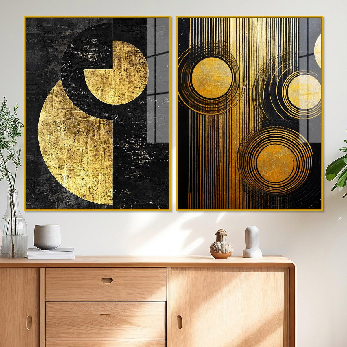 Abstract Golden Textured Line Art Acrylic Floating Wall Painting Set Of 2 - Decor Mantra 