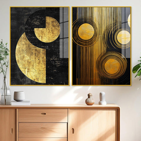 Abstract Golden Textured Line Art Acrylic Floating Wall Painting Set Of 2 - Decor Mantra 