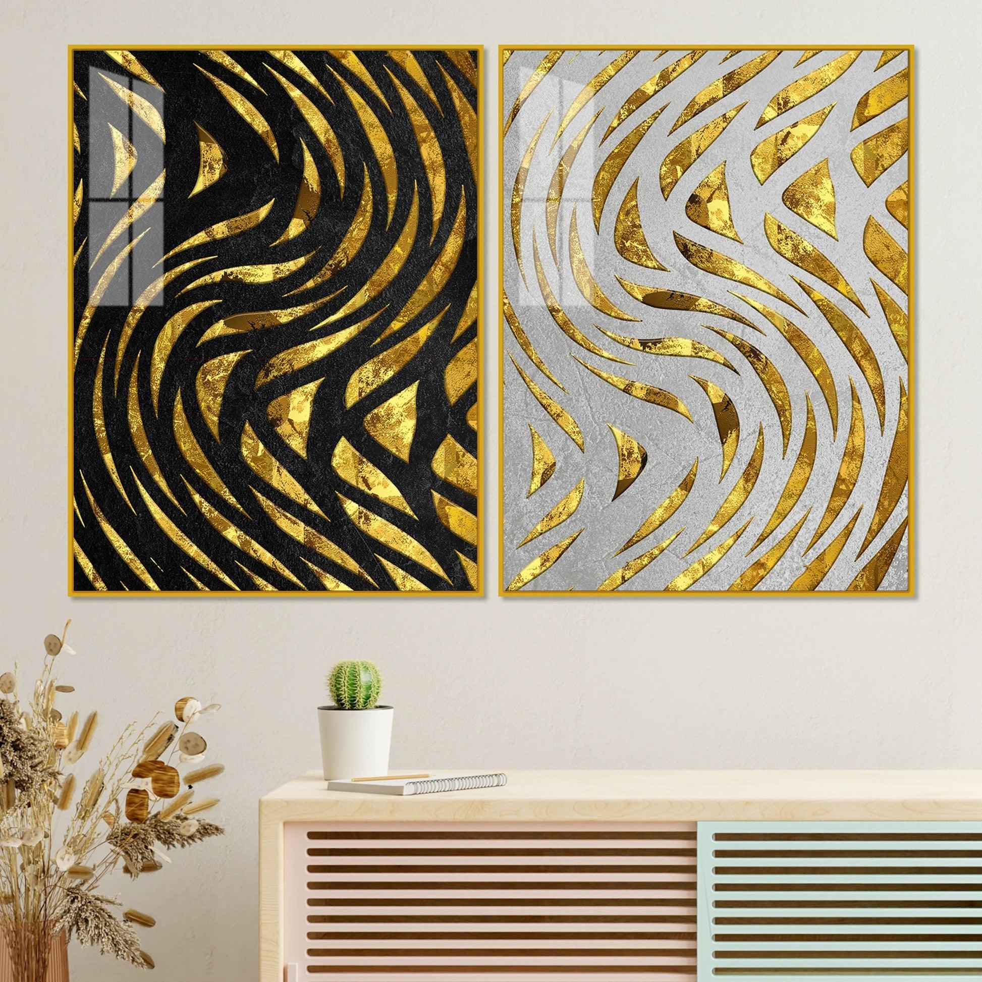 Golden Patterns Acrylic Floating Wall Painting Set of 2 - Decor Mantra 
