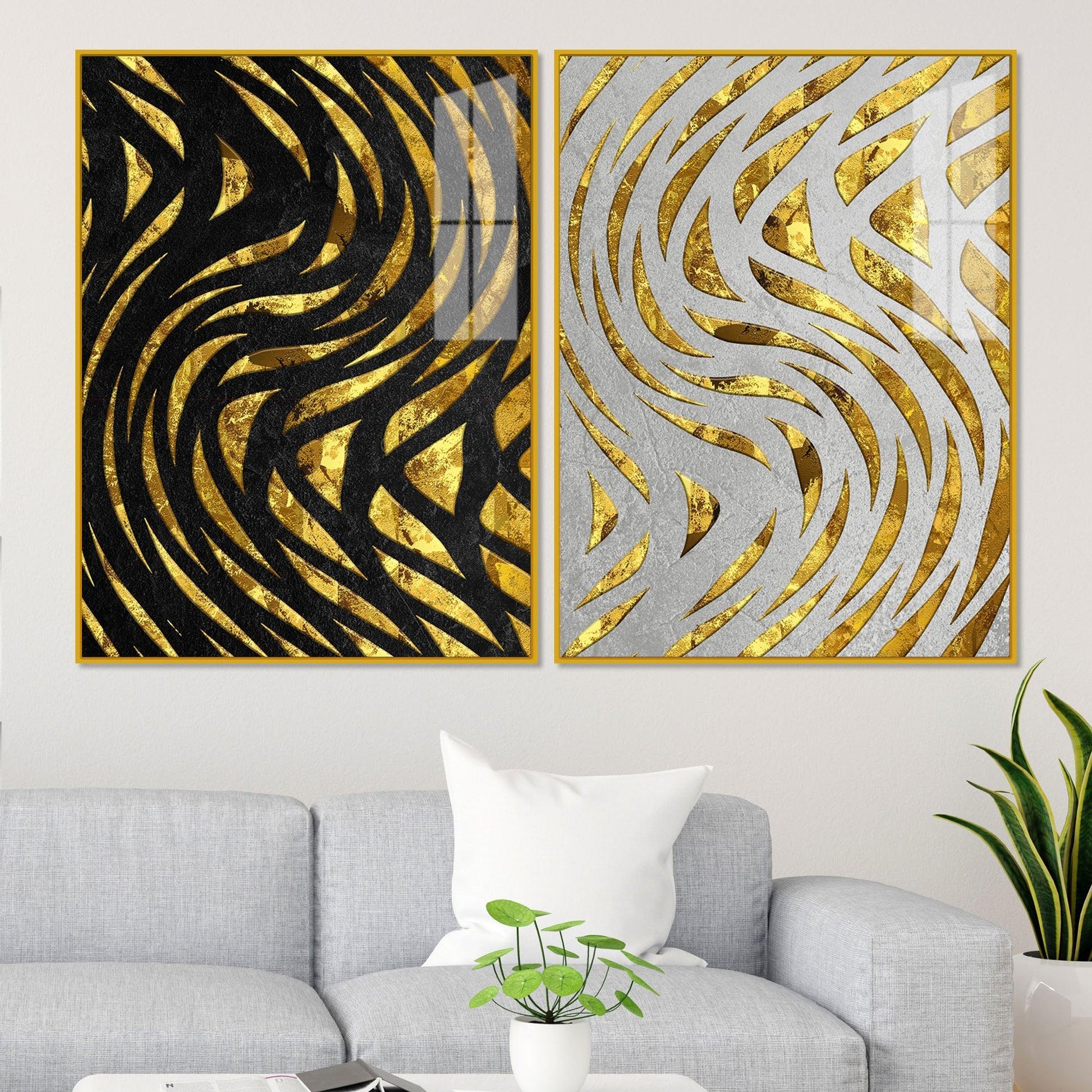 Golden Patterns Acrylic Floating Wall Painting Set of 2 - Decor Mantra 