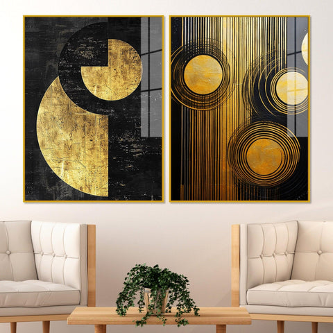 Abstract Golden Textured Line Art Acrylic Floating Wall Painting Set Of 2 - Decor Mantra 