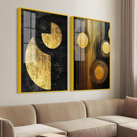 Abstract Golden Textured Line Art Acrylic Floating Wall Painting Set Of 2 - Decor Mantra 