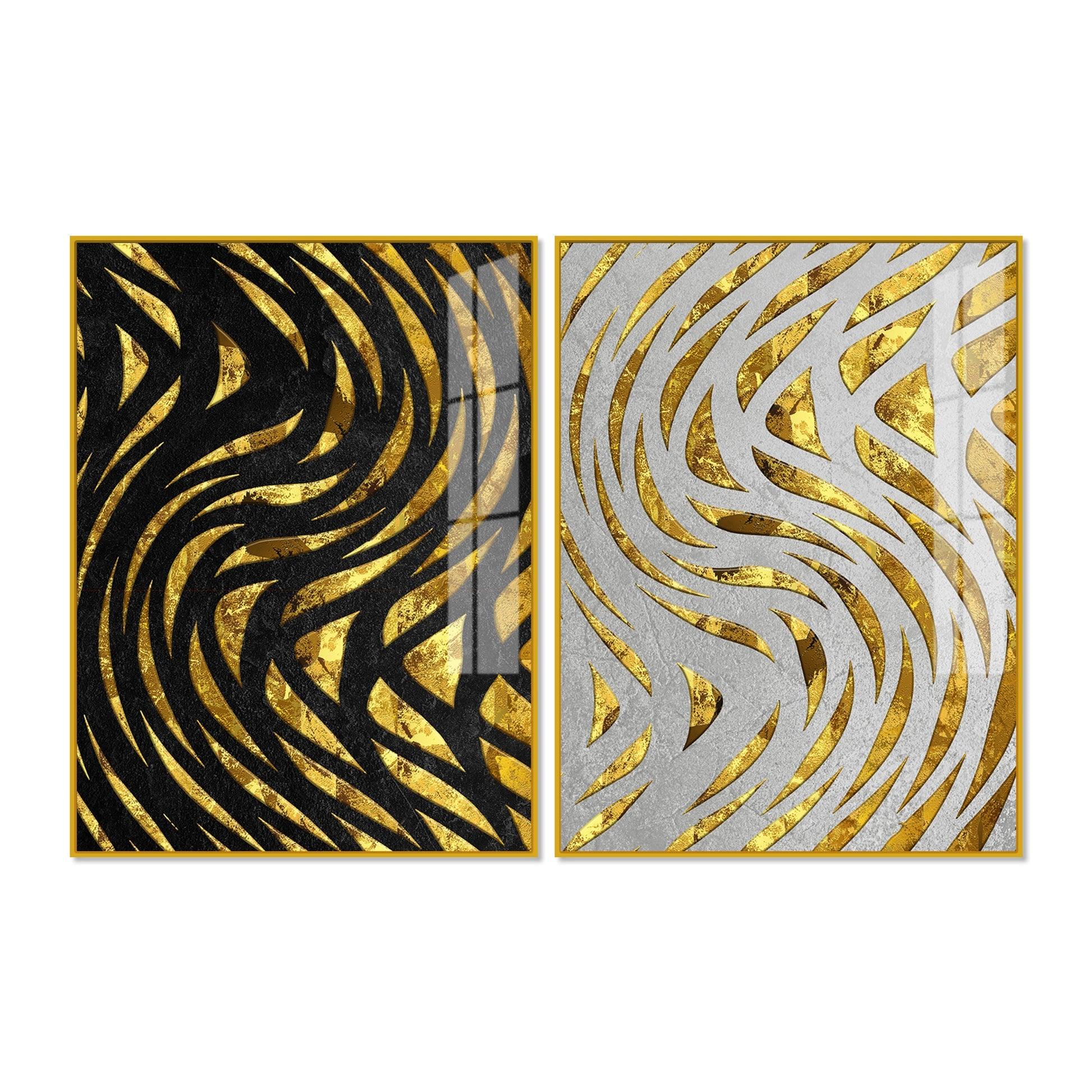 Golden Patterns Acrylic Floating Wall Painting Set of 2 - Decor Mantra 