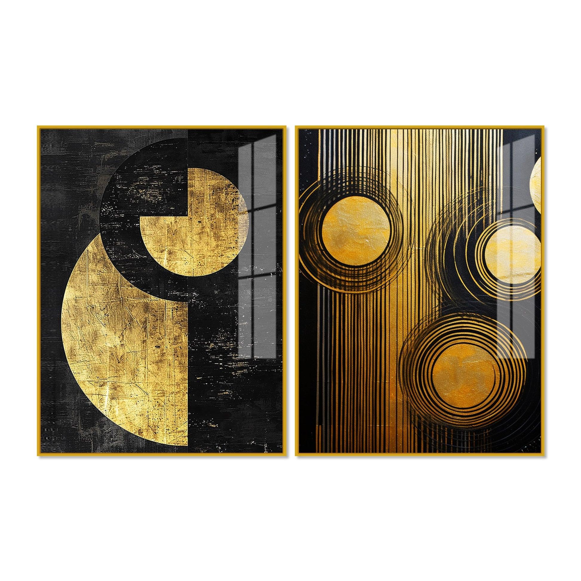 Abstract Golden Textured Line Art Acrylic Floating Wall Painting Set Of 2 - Decor Mantra 