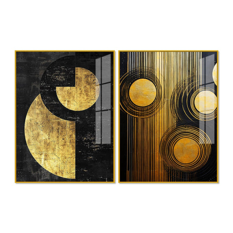 Abstract Golden Textured Line Art Acrylic Floating Wall Painting Set Of 2 - Decor Mantra 