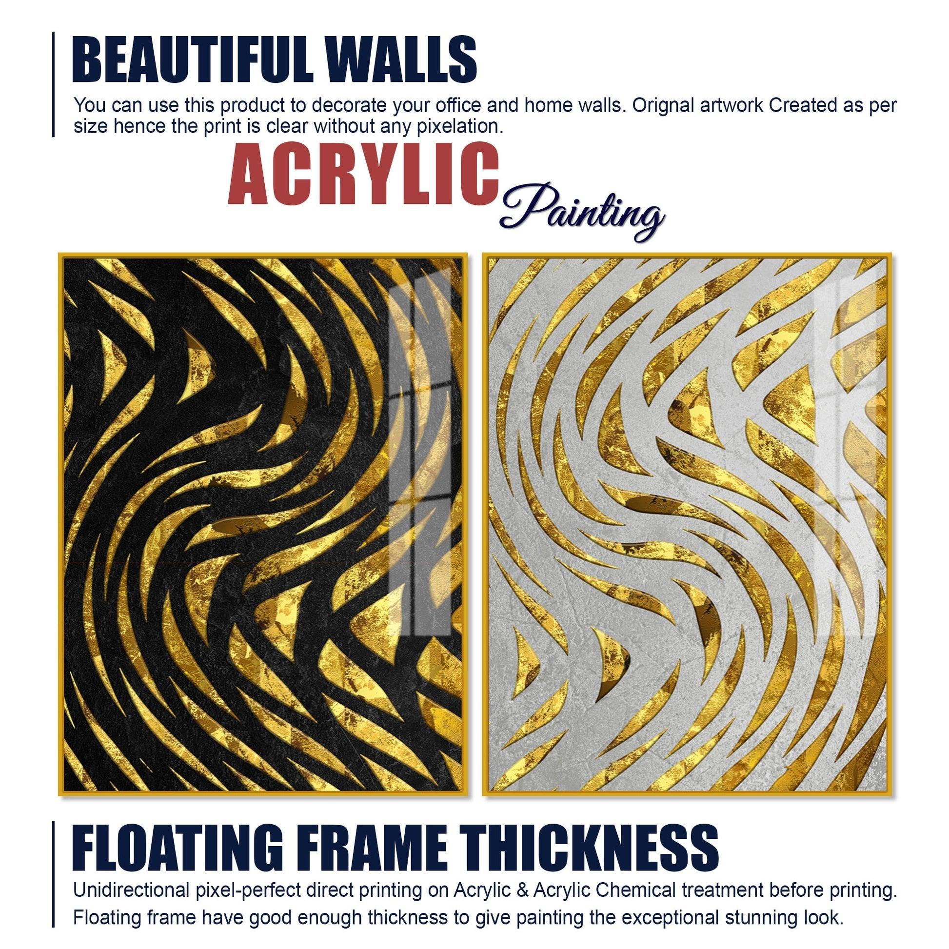 Golden Patterns Acrylic Floating Wall Painting Set of 2 - Decor Mantra 