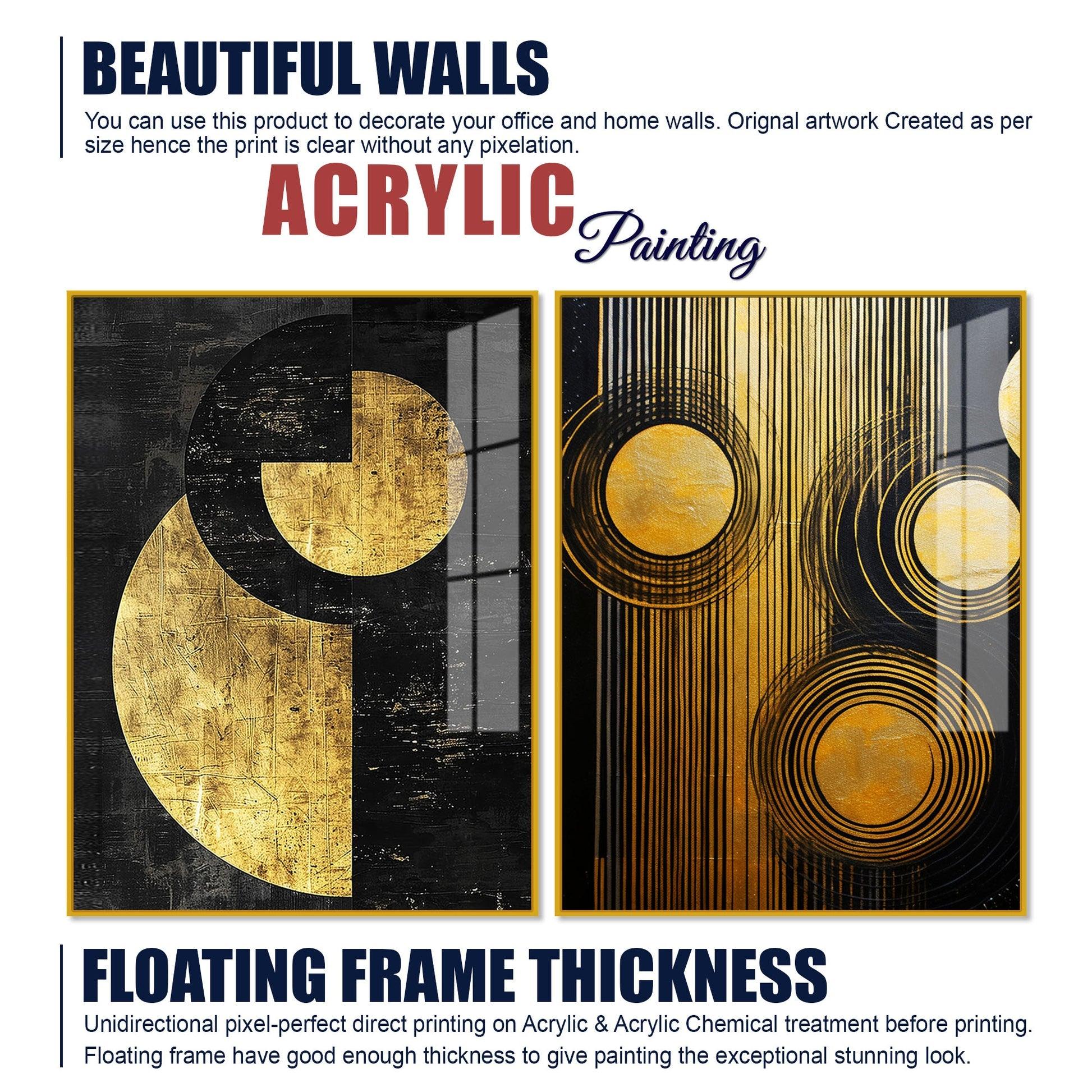 Abstract Golden Textured Line Art Acrylic Floating Wall Painting Set Of 2 - Decor Mantra 