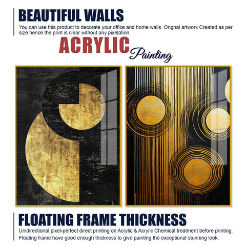 Abstract Golden Textured Line Art Acrylic Floating Wall Painting Set Of 2 - Decor Mantra 