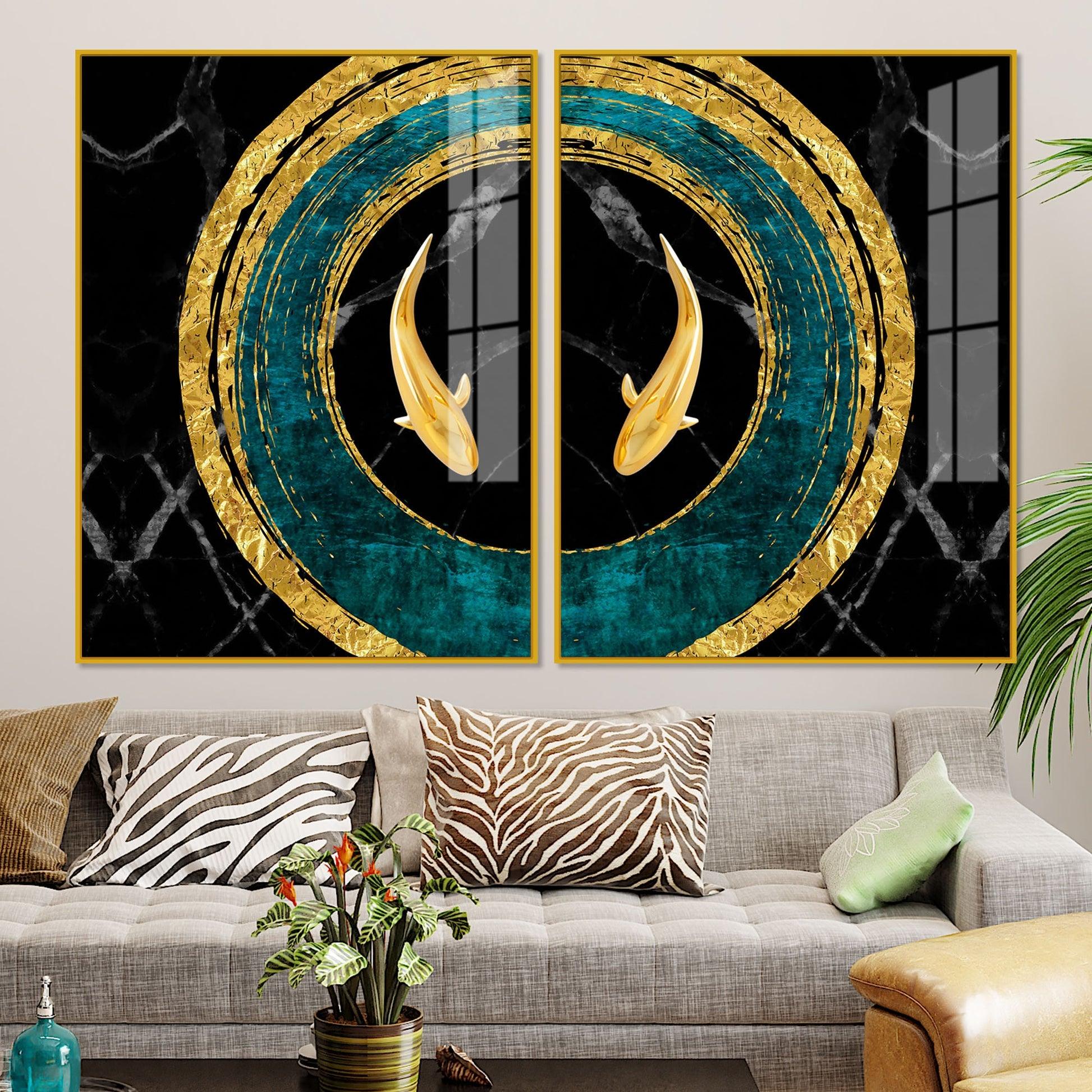 Golden Fish Acrylic Floating Wall Painting Set of 2 - Decor Mantra 