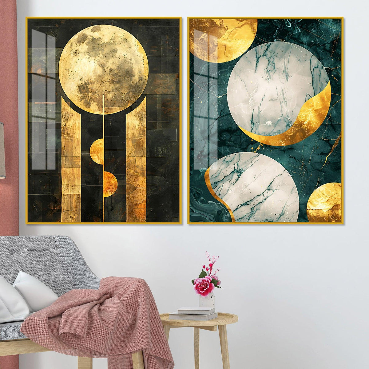Abstract Golden Textured Shape Art Acrylic Floating Wall Painting Set Of 2 - Decor Mantra 