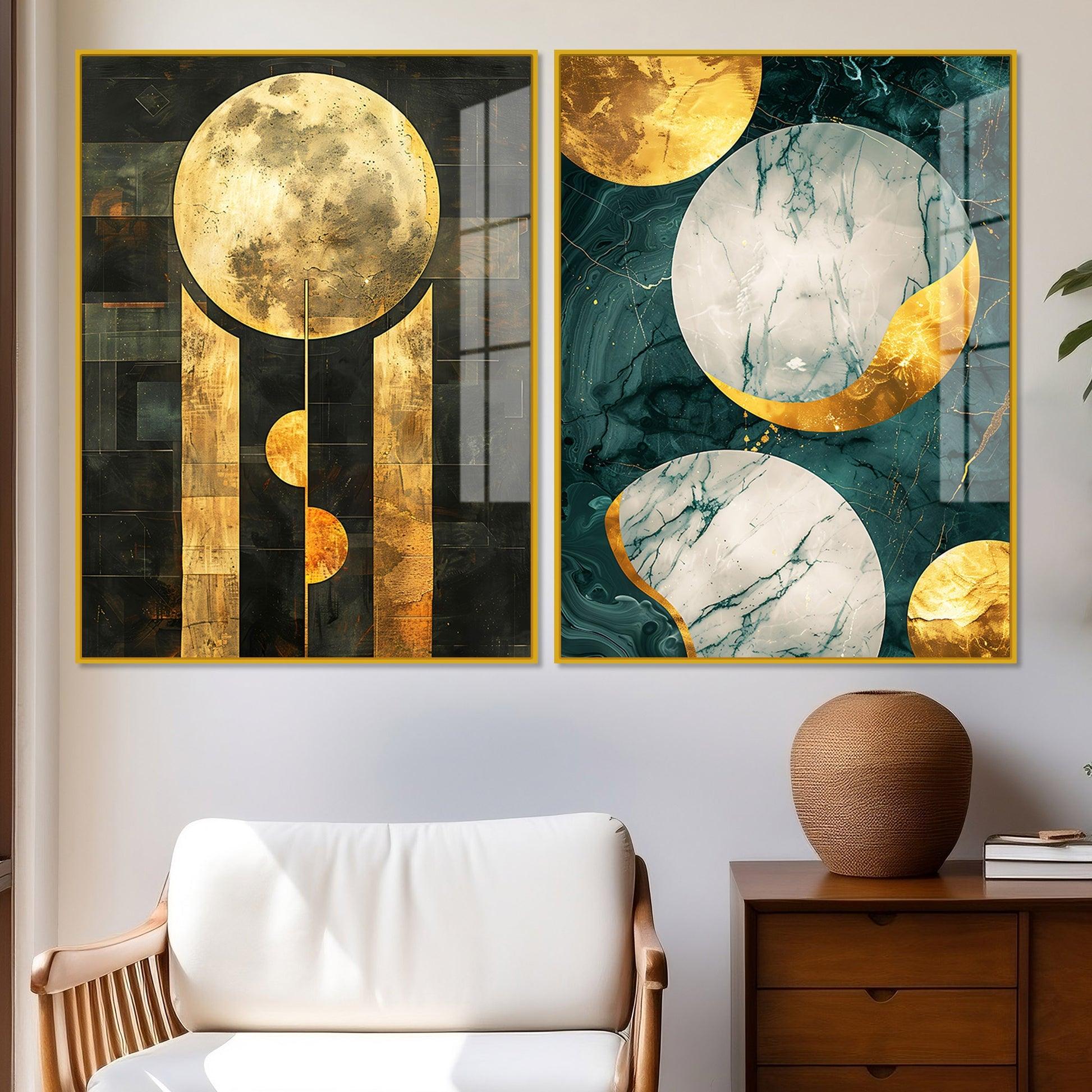 Abstract Golden Textured Shape Art Acrylic Floating Wall Painting Set Of 2 - Decor Mantra 