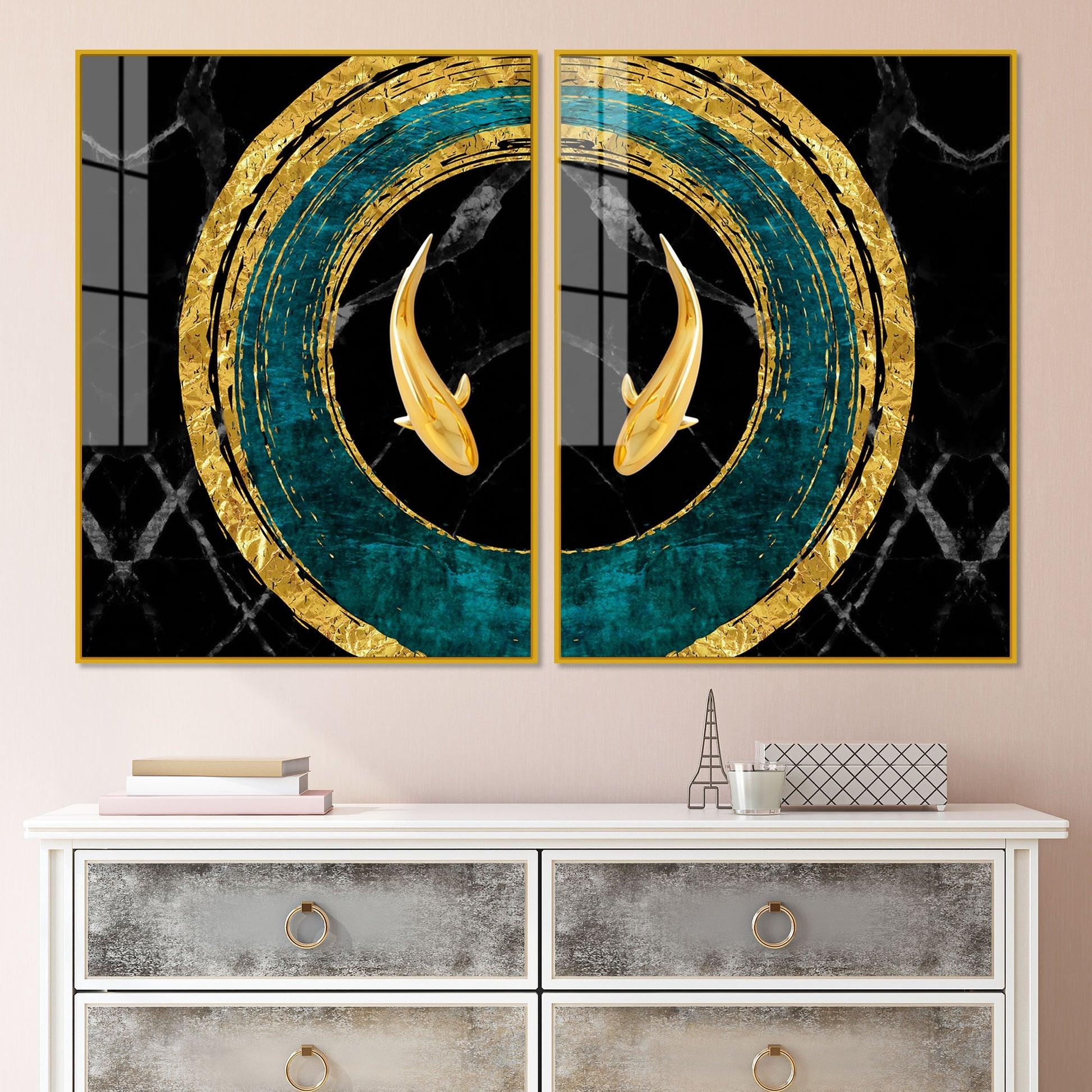 Golden Fish Acrylic Floating Wall Painting Set of 2 - Decor Mantra 