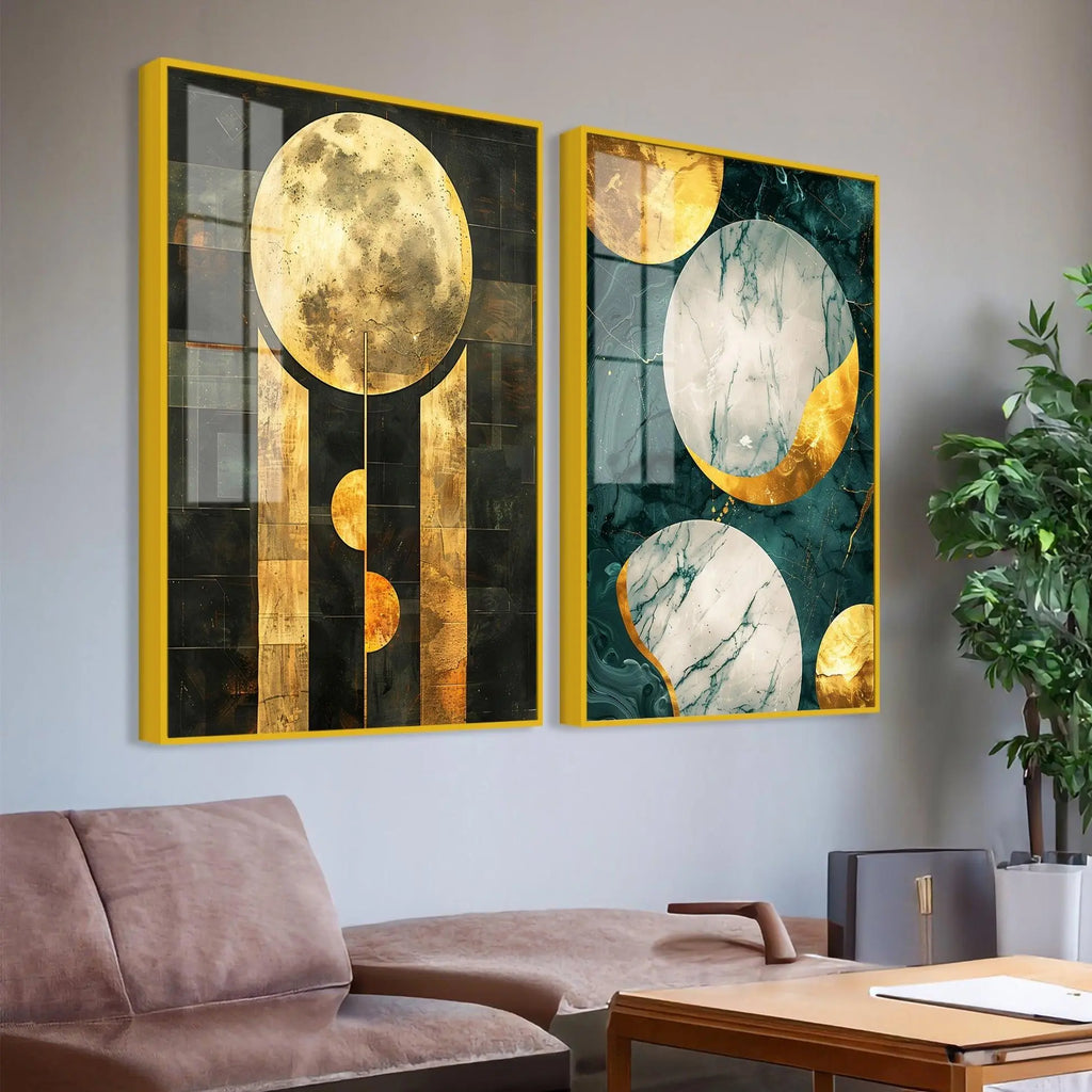 Abstract Golden Textured Shape Art Acrylic Floating Wall Painting Set Of 2 - Decor Mantra 