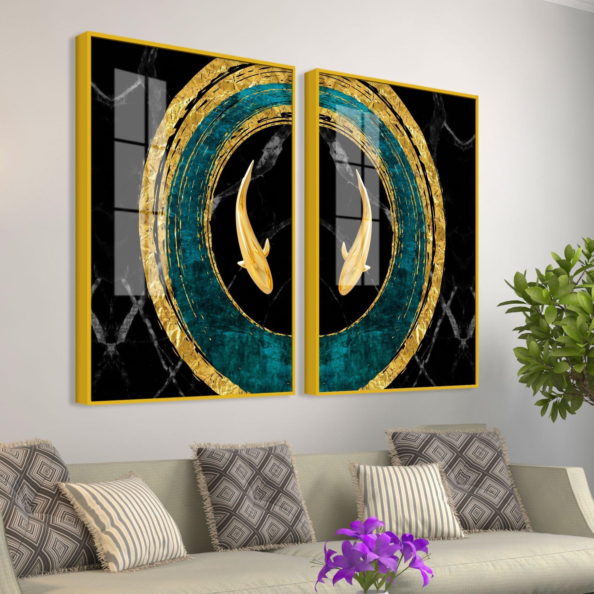 Golden Fish Acrylic Floating Wall Painting Set of 2 - Decor Mantra 
