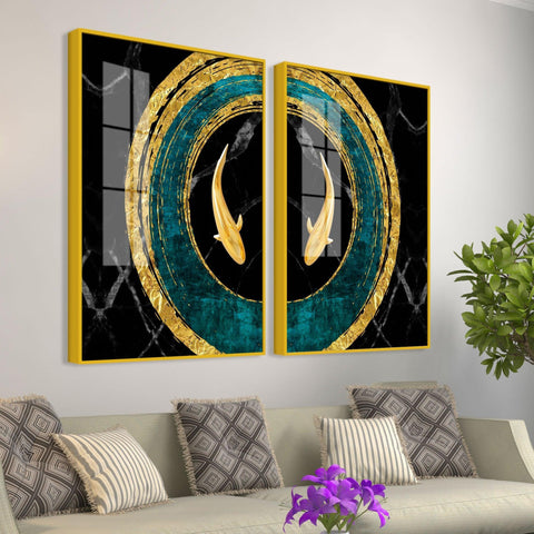 Golden Fish Acrylic Floating Wall Painting Set of 2 - Decor Mantra 