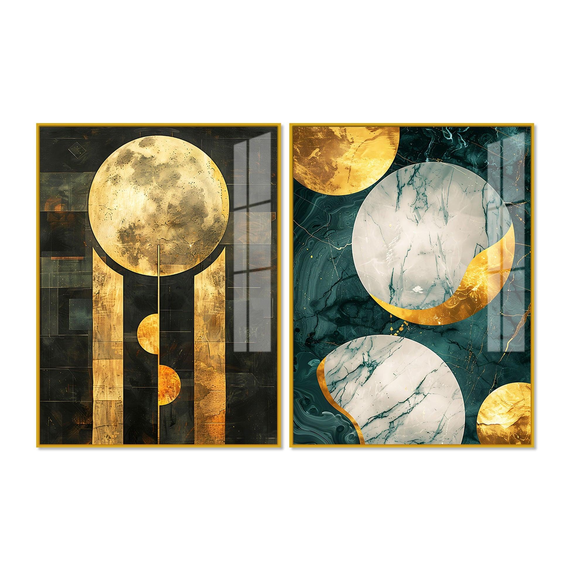 Abstract Golden Textured Shape Art Acrylic Floating Wall Painting Set Of 2 - Decor Mantra 