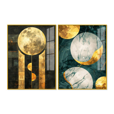 Abstract Golden Textured Shape Art Acrylic Floating Wall Painting Set Of 2 - Decor Mantra 