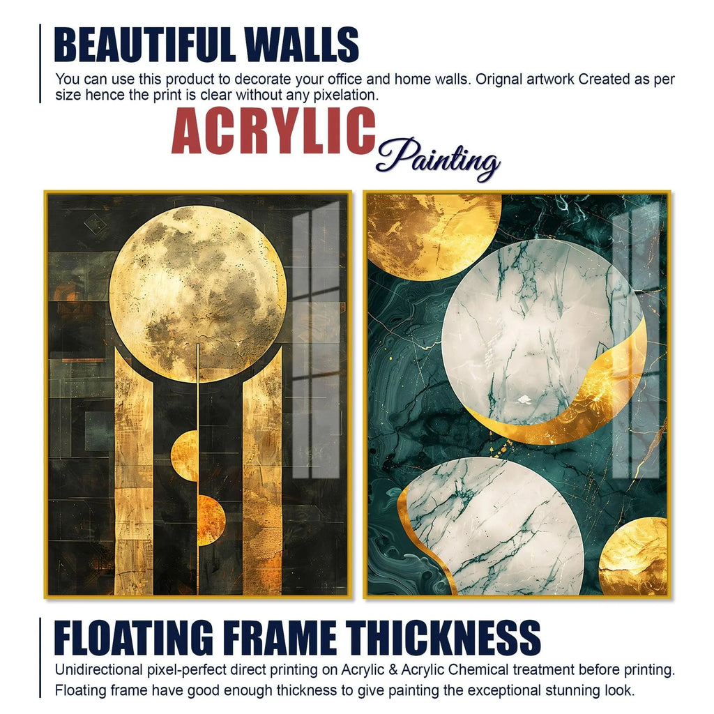 Abstract Golden Textured Shape Art Acrylic Floating Wall Painting Set Of 2 - Decor Mantra 