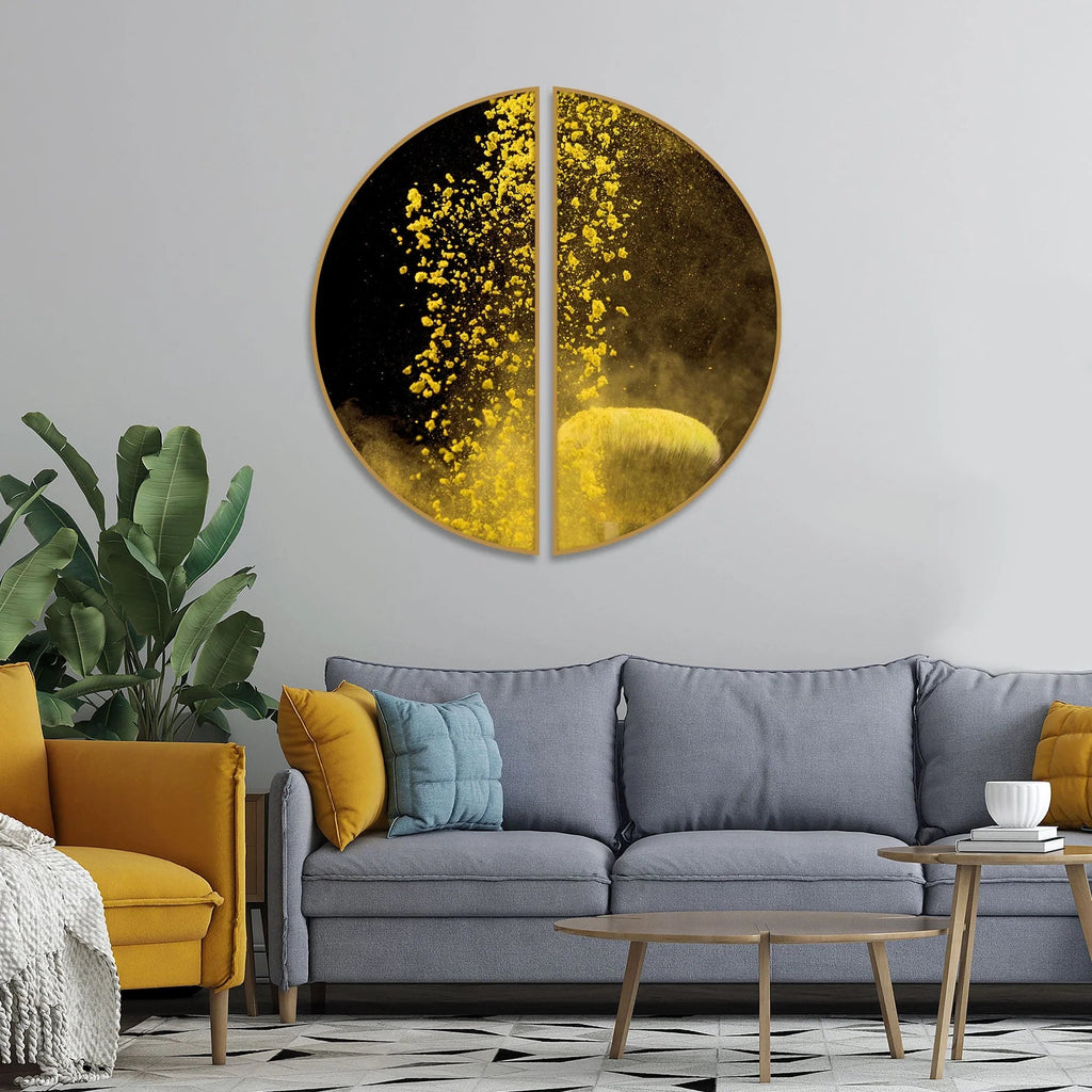 Yellow Cloud Texture Art in Dark Background Semi Circle Frames Set Of 2 Decor Mantra