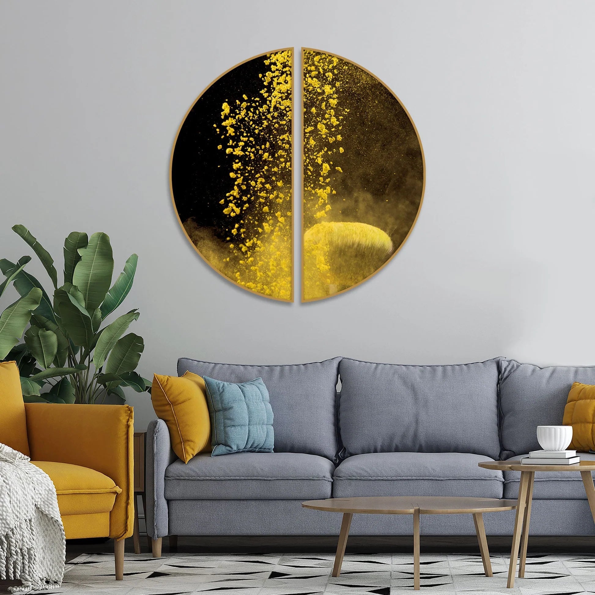 Yellow Cloud Texture Art in Dark Background Semi Circle Frames Set Of 2 Decor Mantra