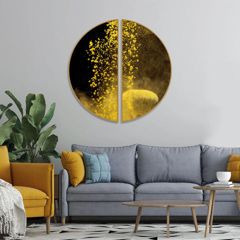 Yellow Cloud Texture Art in Dark Background Semi Circle Frames Set Of 2