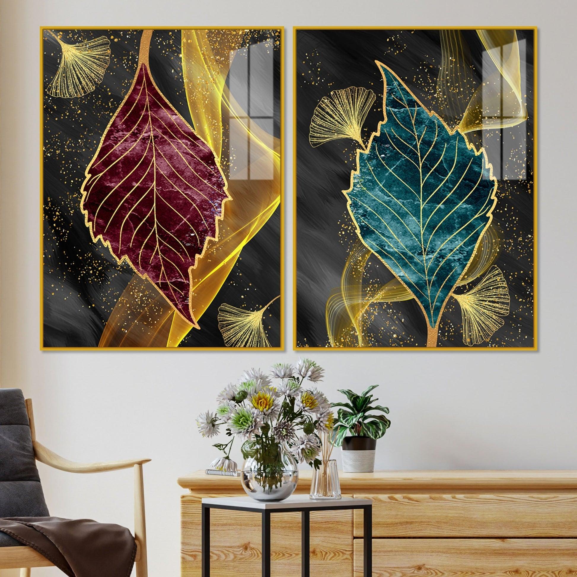Green and Red Leaf Shape Acrylic Floating Wall Painting Set of 2 - Decor Mantra 
