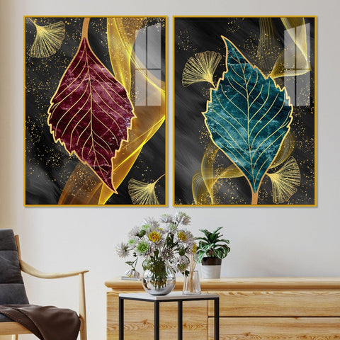Green and Red Leaf Shape Acrylic Floating Wall Painting Set of 2 - Decor Mantra 