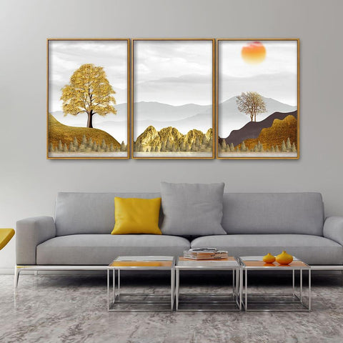Golden Trees with Beautiful Sunrise Premium Floating Canvas Wall Painting Set of Three - Decor Mantra 