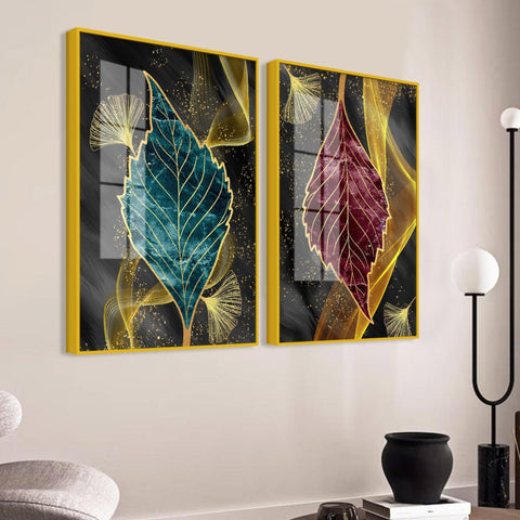 Green and Red Leaf Shape Acrylic Floating Wall Painting Set of 2 - Decor Mantra 