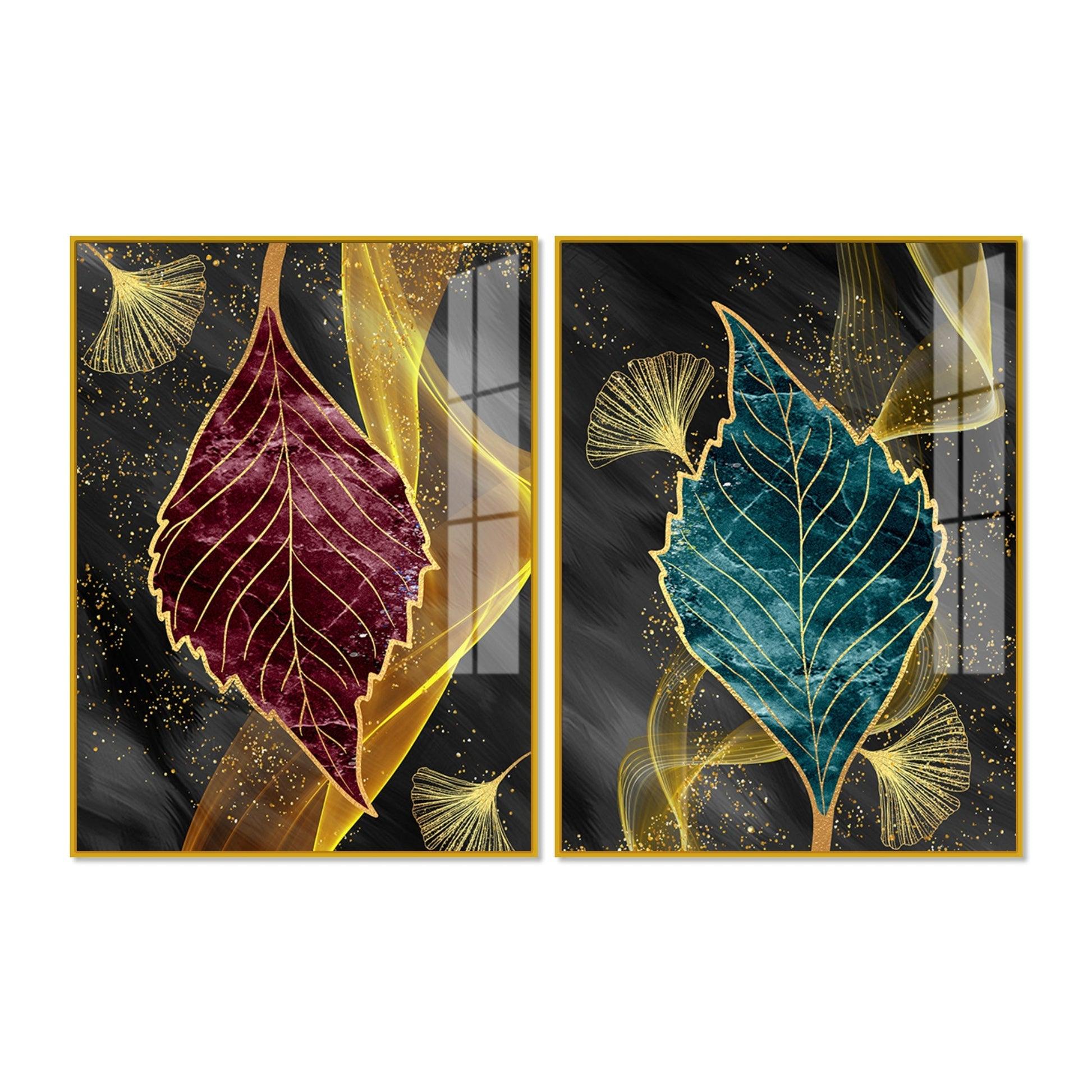 Green and Red Leaf Shape Acrylic Floating Wall Painting Set of 2 - Decor Mantra 