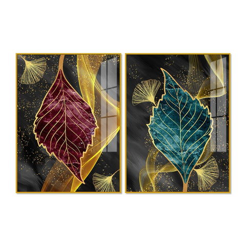 Green and Red Leaf Shape Acrylic Floating Wall Painting Set of 2 - Decor Mantra 
