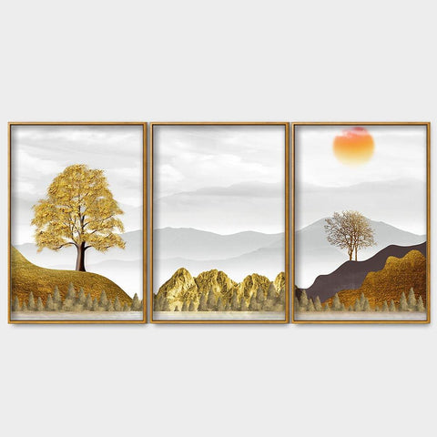 Golden Trees with Beautiful Sunrise Premium Floating Canvas Wall Painting Set of Three - Decor Mantra 
