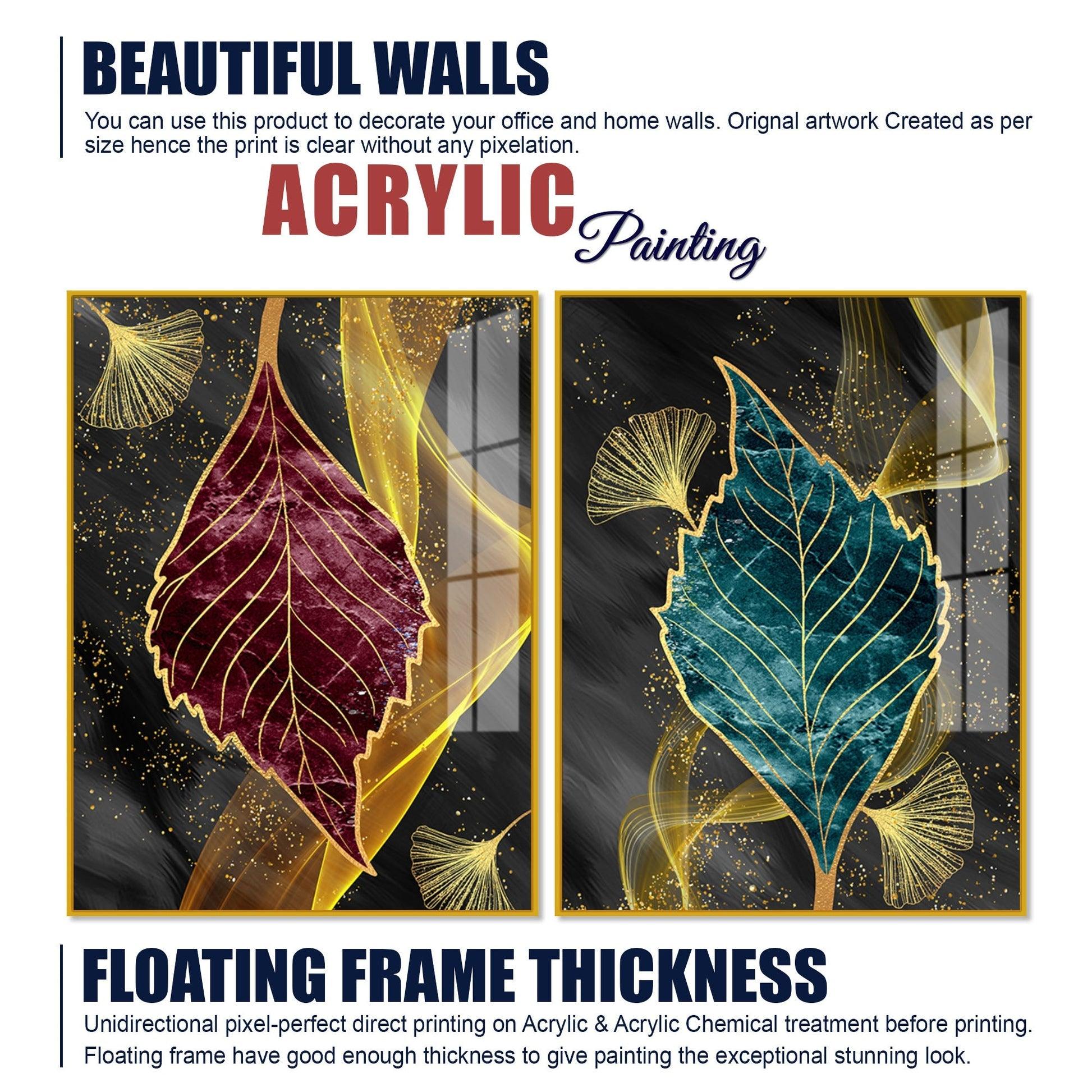 Green and Red Leaf Shape Acrylic Floating Wall Painting Set of 2 - Decor Mantra 