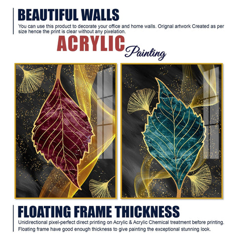 Green and Red Leaf Shape Acrylic Floating Wall Painting Set of 2 - Decor Mantra 