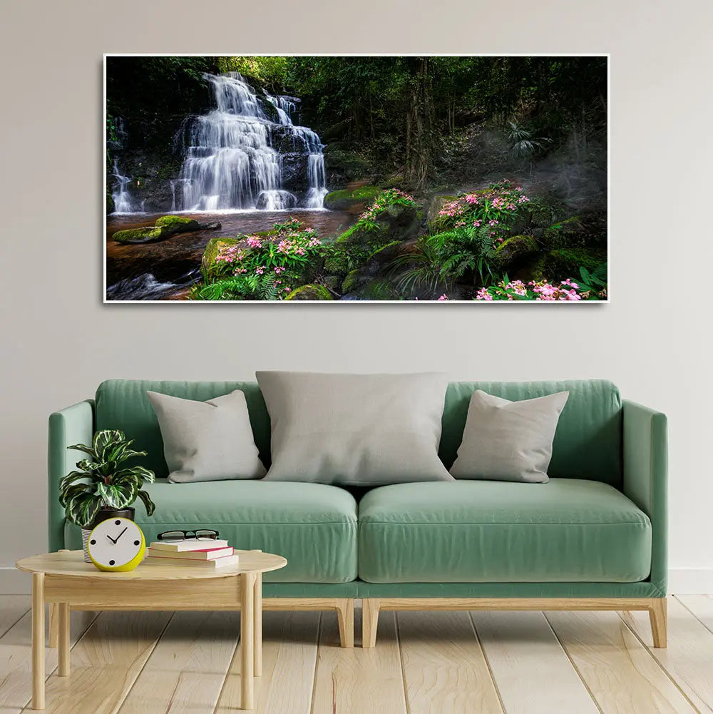 A Beautiful Waterfall in Forest Premium Canvas Wall Painting Harshita Crafts