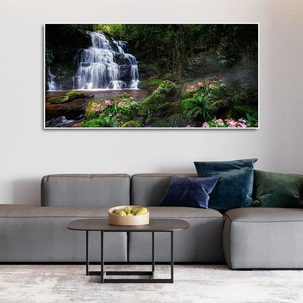 A Beautiful Waterfall in Forest Premium Canvas Wall Painting Harshita Crafts